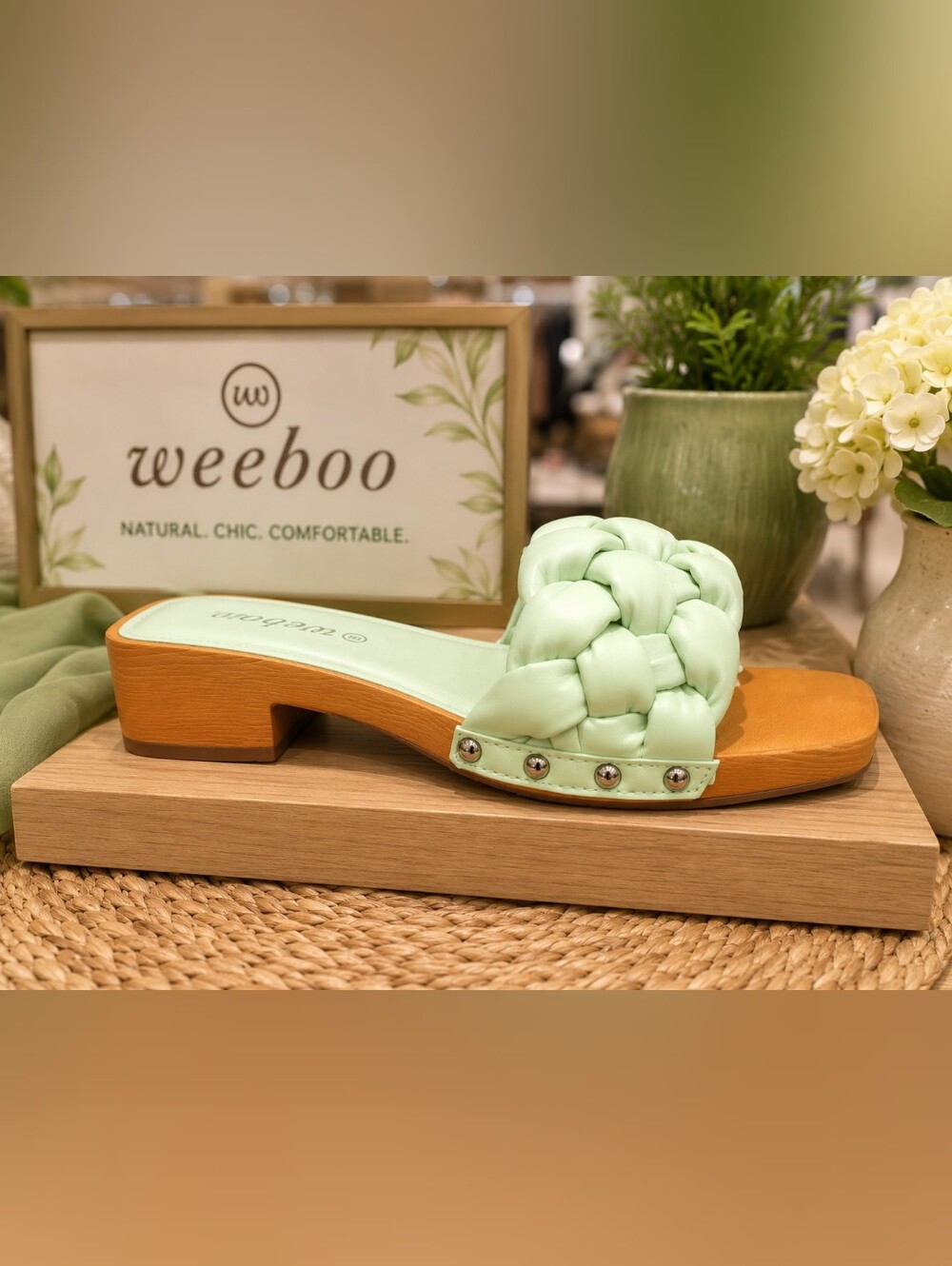 Weeboo “Wood” Mint Green Braided Wood-Heel Slides – Women’s Size 8